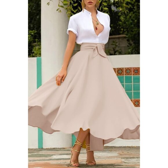 Women's Apricot Elegant Waist Side Slit Irregular Bohemian Pockets Maxi Skirt - Picture 2 of 7